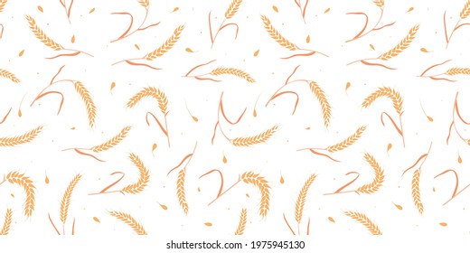 Seamless pattern with whole grain seeds organic, natural ears isolated on white background flat style design vector illustration. Wheat, barley or rye ears with straw chaotic version.