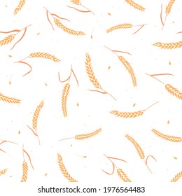Seamless pattern with whole grain seeds organic, natural ears isolated on white background flat style design vector illustration. Wheat, barley or rye ears with straw chaotic version.