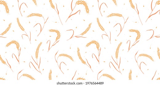 Seamless pattern with whole grain seeds organic, natural ears isolated on white background flat style design vector illustration. Wheat, barley or rye ears with straw chaotic version.