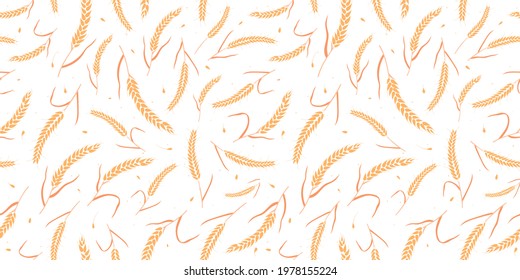 Seamless pattern with whole grain seeds organic, natural ears isolated on white background flat style design vector illustration. Wheat, barley or rye ears with straw chaotic version.
