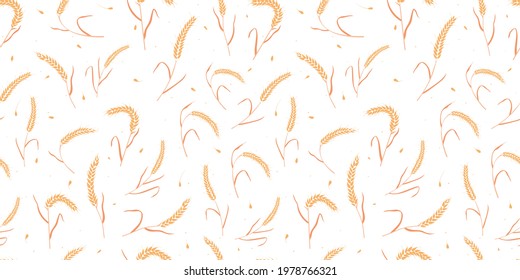 Seamless pattern with whole grain seeds organic, natural ears isolated on white background flat style design vector illustration. Wheat, barley or rye ears with straw chaotic version.