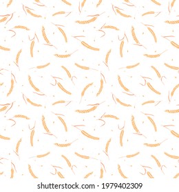 Seamless pattern with whole grain seeds organic, natural ears isolated on white background flat style design vector illustration. Wheat, barley or rye ears with straw chaotic version.