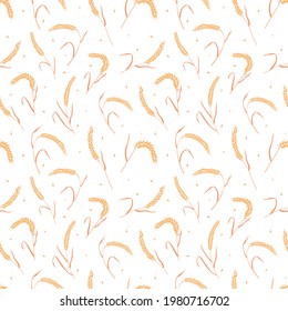 Seamless pattern with whole grain seeds organic, natural ears isolated on white background flat style design vector illustration. Wheat, barley or rye ears with straw chaotic version.