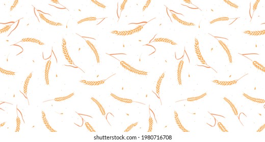 Seamless pattern with whole grain seeds organic, natural ears isolated on white background flat style design vector illustration. Wheat, barley or rye ears with straw chaotic version.