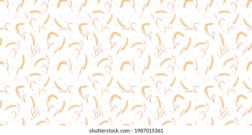 Seamless pattern with whole grain seeds organic, natural ears isolated on white background flat style design vector illustration. Wheat, barley or rye ears with straw chaotic version.
