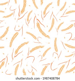 Seamless pattern with whole grain seeds organic, natural ears isolated on white background flat style design vector illustration. Wheat, barley or rye ears with straw chaotic version.