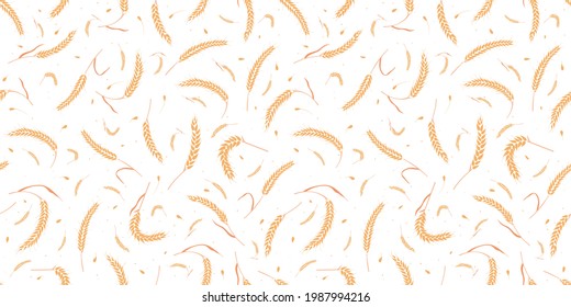 Seamless pattern with whole grain seeds organic, natural ears isolated on white background flat style design vector illustration. Wheat, barley or rye ears with straw chaotic version.