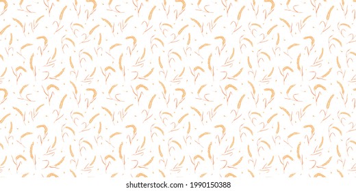 Seamless pattern with whole grain seeds organic, natural ears isolated on white background flat style design vector illustration. Wheat, barley or rye ears with straw chaotic version.