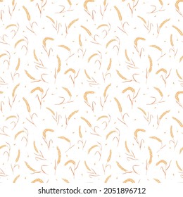 Seamless pattern with whole grain seeds organic, natural ears isolated on white background flat style design vector illustration. Wheat, barley or rye ears with straw chaotic version.