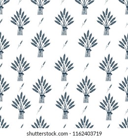 Seamless pattern with whole grain wheat and seeds, organic, natural background isolated on white background flat style design vector illustration. Stack of hay with ribbon repeat pattern.