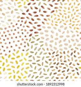 Patrón sin foco de granos enteros y cereales. Cocina, papel de cocina. cebada, trigo, trigo sarraceno, centeno, avena, bulgur, farro, teff. Comida orgánica. Ilustración vectorial dibujada a mano