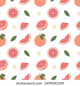 Seamless pattern with whole grapefruit and slices. Vector pattern with orange fruit, leaves and flowers on white background.