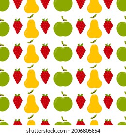 Seamless pattern with whole green apples and yellow pears with leaves, red berries. Fresh and juicy vegetarian healthy food. Simple minimalistic print. Vector illustration background