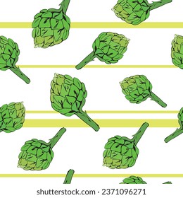 Seamless pattern of whole green artichokes, raw edible flower buds, organic plant food for salad and cooking. vector illustration of doodles on striped background
