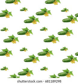 Seamless Pattern. Whole green cucumber with yellow flower and green leaves isolated on white. Vector colorful illustration.