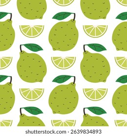 Seamless pattern with whole green lime and lime wedge in cartoon flat style, arranged in polka dot order on white background. Fresh, juicy design perfect for fabric, wrapping, summer and kitchen use.