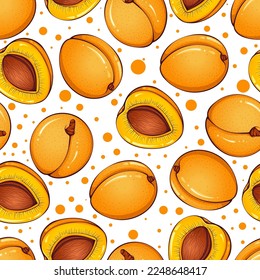 Nahtlose Muster mit ganzen und halben Aprikosen. Vektorgrafik-Illustration einzeln auf Weiß. Design für Textilien, Wallpaper, Hausdekoration, Verpackungspapier, Scrapbooking. Obsthintergrund
