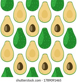 Nahtloses Muster mit einem ganzen Avocado einzeln auf Weiß - Hintergrund mit tropischen Früchten gestaffelt