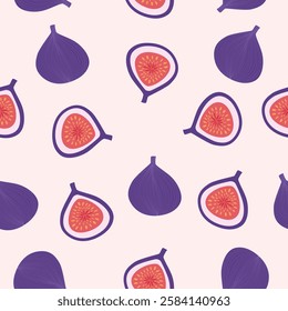 Seamless pattern with whole and half cut figs. Figs fruit pattern.Vector illustration cartoon flat style.