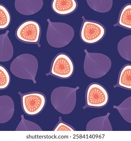 Seamless pattern with whole and half cut figs. Figs fruit pattern.Vector illustration cartoon flat style.