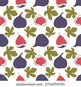 Nahtloses Muster mit einer ganzen und halben Feige, grüne Blätter auf weißem Hintergrund im flachen Stil. Für Branding, Verpackungspapier und Textildesign.