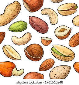 Seamless pattern whole and half nut seed. Hazelnut, peanut, almond, cashew, pistachio. Vector color engraving realistic illustration. Isolated on white background