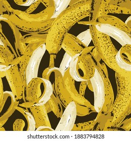 Nahtloses Muster mit ganzen und halb geschälten Bananen auf dunklem Hintergrund. Süßer tropischer FruchtVektorhintergrund mit reifen Bananen, geeignet für Tapeten, Wickelpapier, Stoff, Sommerdesign