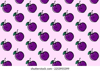 Seamless pattern with whole and half plums with leaves isolated on a white background. Vector illustration
