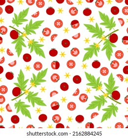 Seamless pattern with whole, half, quarter, wedges, and slices of tomatoes. Globe tomato. Fresh vegetables. Vector illustration isolated on white background. Seamless background. Flat style