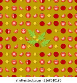 Seamless pattern with whole, half, quarter, wedges, and slices of tomatoes. Globe tomato. Fresh vegetables. Vector illustration isolated on green background. Seamless background. Flat style.