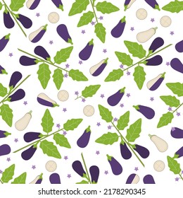Seamless pattern with whole, half, quarter, wedges, and slices of eggplants. Aubergine, brinjal, nightshade family. Vegetables. Vector illustration isolated on white background. Flat style.