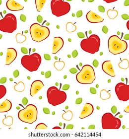 Seamless pattern with whole and half red apples. Fruit Background for print. Vector illustration