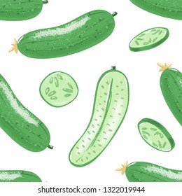 Seamless pattern with whole, half and sliced cucumber, textured vector illustration on white background. Whole and cut green cucumber seamless pattern, random backdrop design
