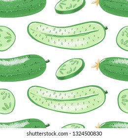Seamless pattern with whole, half and sliced cucumber, textured vector illustration on white background. Whole and cut green cucumber seamless pattern, regular backdrop design