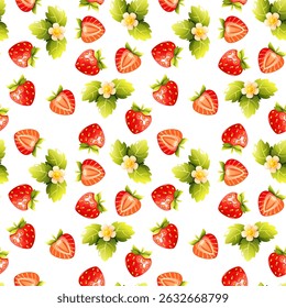 A seamless pattern with whole and half strawberries, green leaves, and small flowers. The berries are red. The background is white, and the repeating motif creates a fresh and summer effect.