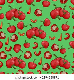 Seamless Pattern With Whole, Half, Wedges, And Slices Of Cherry Pepper. Pimento Or Pimiento. Capsicum Annuum. Vegetables. Vector Illustration Isolated On White Background. Cartoon Style.