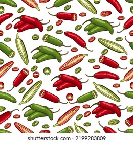 Seamless pattern with whole, half, wedges, and slices of serrano Chile peppers. Chile serrano. Serrano chilis. Chili pepper. CVegetables. Vector illustration isolated on white background.