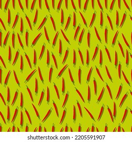 Seamless pattern with whole, half, wedges, and slices of Cayenne peppers. Ginnie peppers. Chili peppers. Vegetables. Vector illustration isolated on yellow background. Flat style.