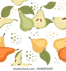 Seamless pattern with whole and halved pear green and yellow fruits vector illustration on white background