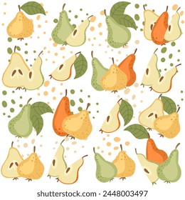 Seamless pattern with whole and halved pear green and yellow fruits vector illustration on white background