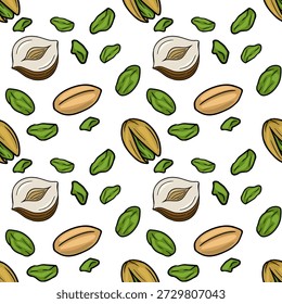 Seamless pattern of whole and halved pistachios and peanuts, vector illustration