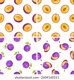 Seamless pattern with whole and halved plums showing the pulp and the pit