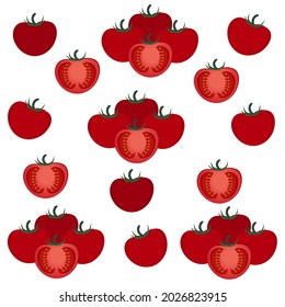 Seamless pattern with whole and halved tomato,isolated on white background.Vector illustration.