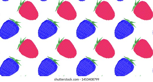 Seamless pattern. Whole juicy raspberry and blackberry berries on a white background. Vector.