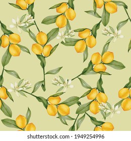 Patrón sin soldadura de cítricos enteros de limón amarillo fruto con hojas verdes, fondo de dibujo colorido con ilustración vectorial plana