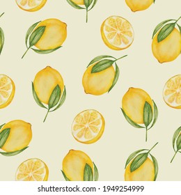 Seamless pattern of whole lemon citrus yellow fruit with green leaves, Colorful Drawing background with flat vector illustration