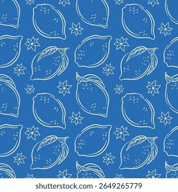 Seamless pattern with whole lemon in line art style on blue background. Perfect for citrus fruit package, summer design delivery, kitchen wallpaper and cafe menu.