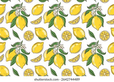 Seamless pattern with whole lemon and slice, flowers with green leaves on white background. Bright citrus fruit design for summer kitchen fabric, packaging and organic theme.