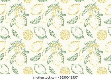 Padrão sem costura com limão inteiro e fatia, flor com folha verde no fundo bege. Design de frutas estilo de arte de linha de citrinos brilhante para o tecido de cozinha de verão, pacote e tema orgânico.