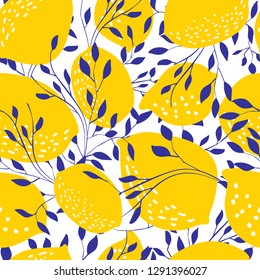 Patrón transparente con limones enteros y hojas. Ilustración vectorial. Pueden utilizarse para textiles, prendas de vestir, confección, rayado, papel pintado